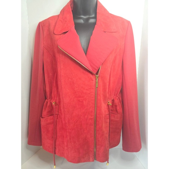 IMAN Jackets & Blazers - IMAN Tomato Red Genuine Suede Leather Asymmetrical Zip Moto Jacket L‎ Drawstring